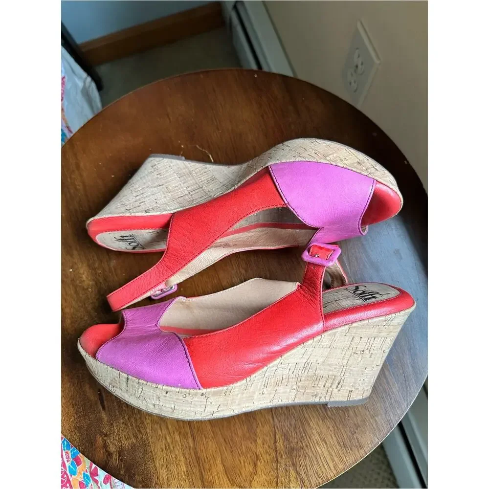 Sofft Ordelia Leather Cork Wedge Sandals Peep Toe Pink Orange Size 8M